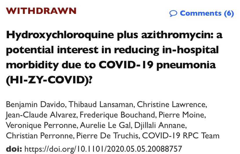 Early on, people raced for a treatment and one group of researchers in France published an article (prior to peer-review) on HCQ. As you can see, it’s now been withdrawn.