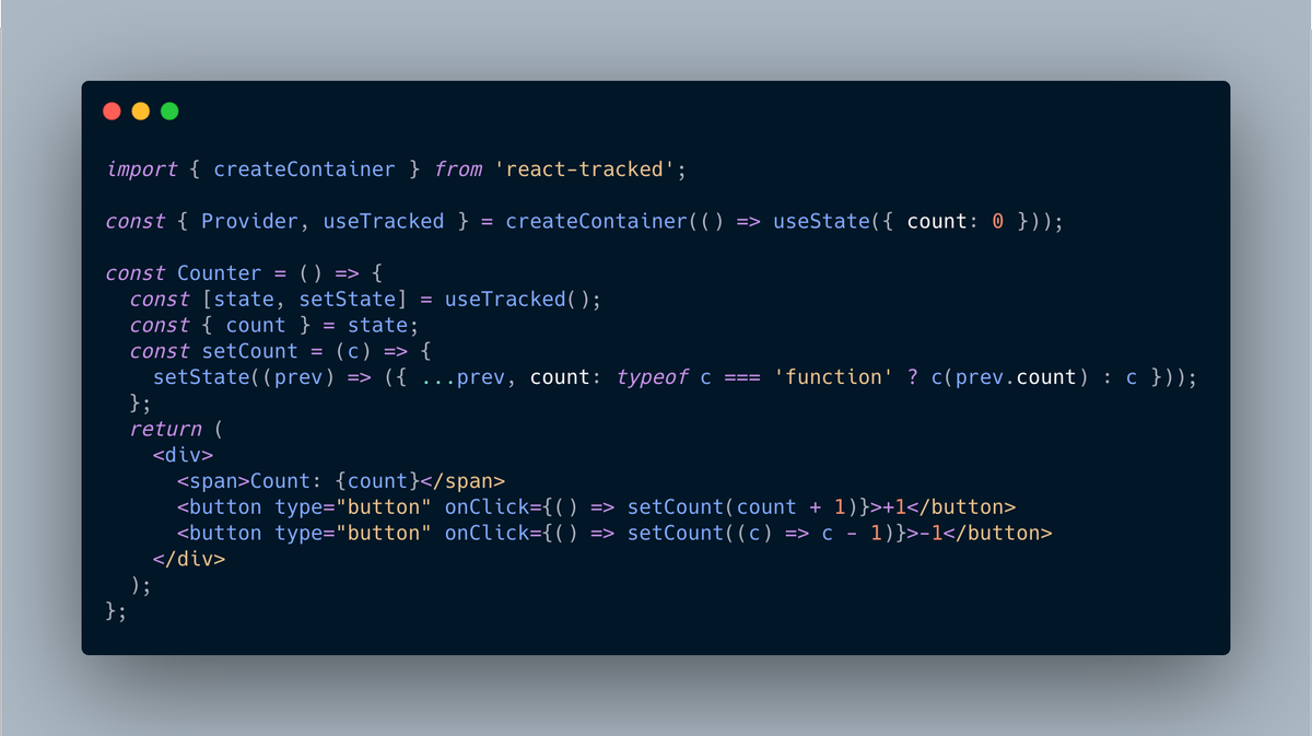 dai_shi's tweet photo. Here's the same example snippet with React Tracked.

https://t.co/xVl1gFZvvN

Which do you like better?

#ReactJS #React #JavaScript #TypeScript #ReactHooks #ReactContext #ReactTracked #ConcurrentMode https://t.co/IrtQGcUdQs