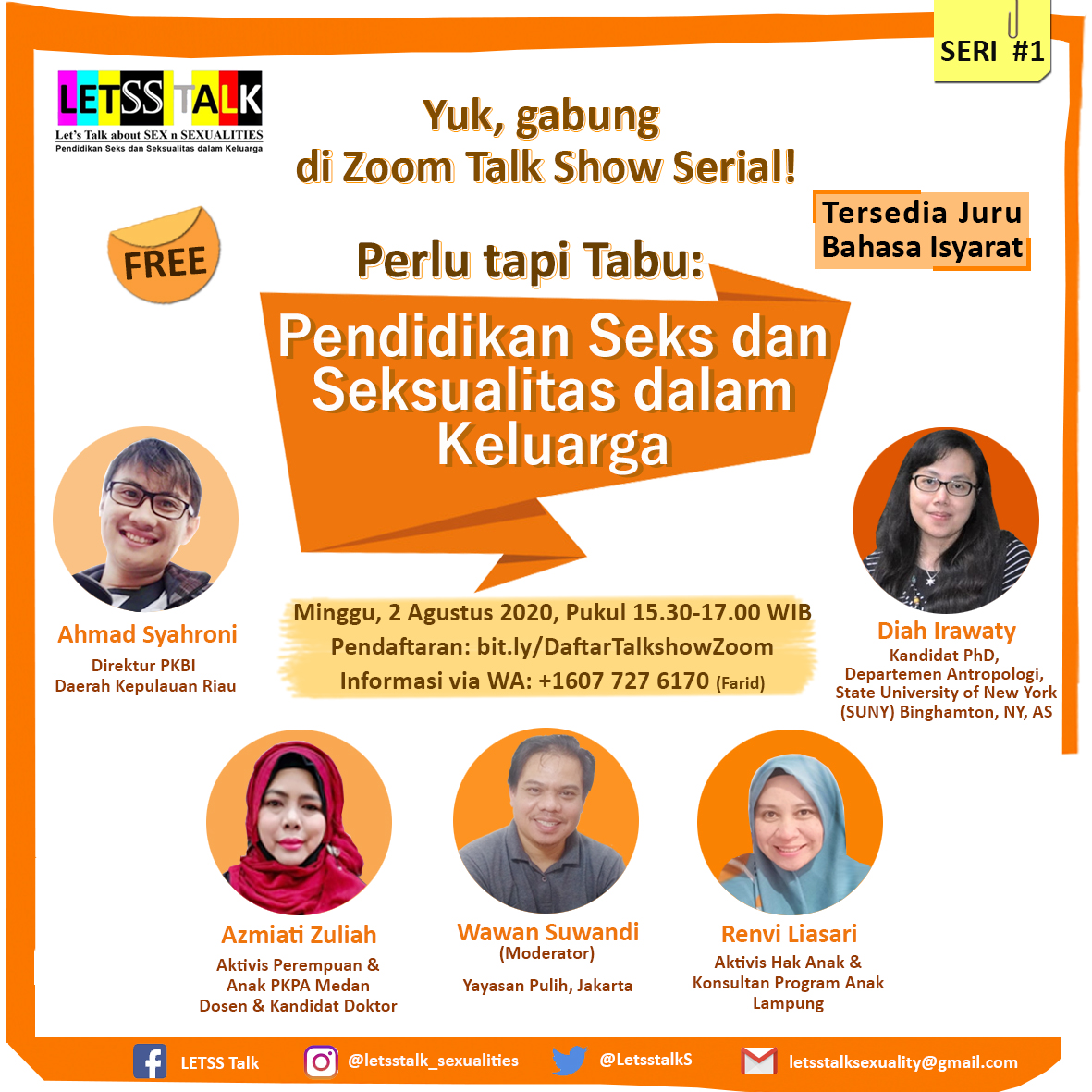 LetsstalkS's tweet photo. Yuk, gabung di launching #LETSSTalk: Let’s Talk about SEX n SEXUALITIES, Prog. Pendidikan Seks&Seksualitas dlm Klg, Seri#1 dgn tema “Perlu tp Tabu: Pend. Seks&Seksualitas dlm Klg,” Minggu, 2-8-2020 Jam 15.30-17.00 WIB. Tersedia Juru Bahasa Isyarat.
Daftar: https://t.co/w1lxRB2fTl https://t.co/D9kJRCAd4U
