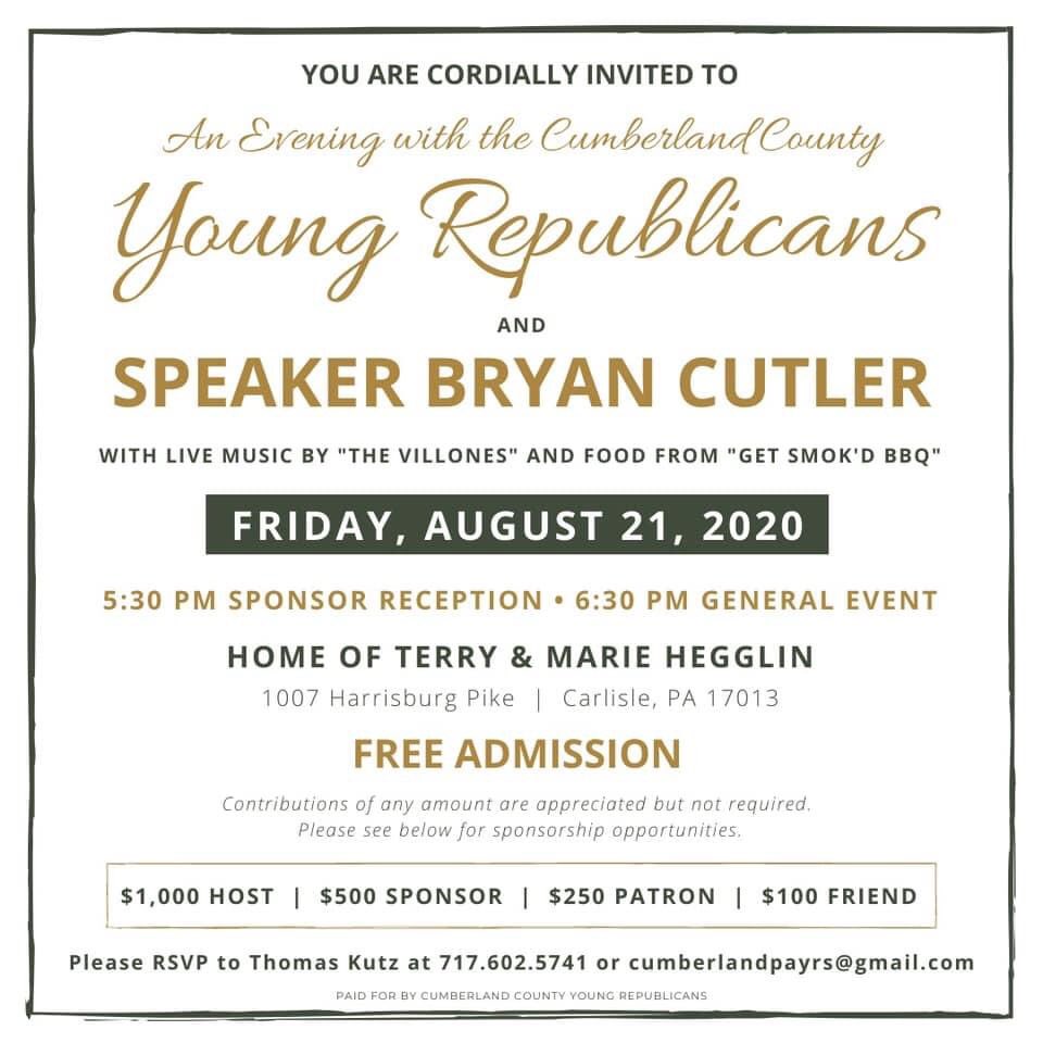 cumberlandpayrs's tweet photo. We are excited to officially invite you all to “An Evening with the Cumberland County Young Republicans” with Speaker @RepBryanCutler. Live music from The Villones and food from Get Smok’d BBQ.

Free to attend! Sponsorship opportunities available.

#LeadRight #CCYR https://t.co/kkFo5qDbFo