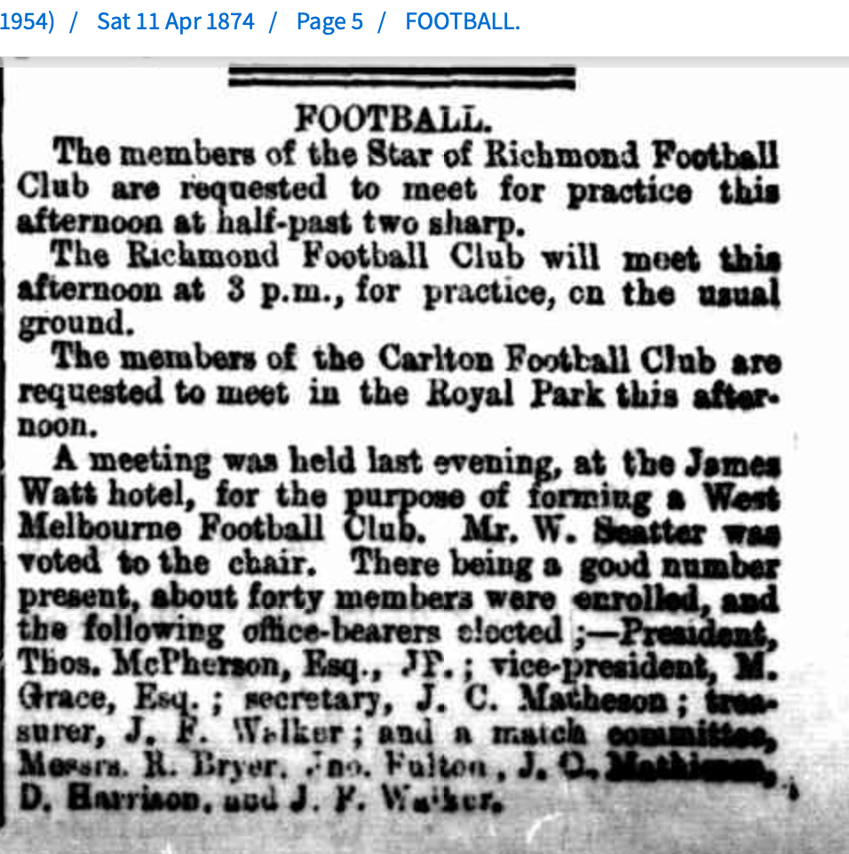 mattgibbs95's tweet image. I set the parameters to go searching backwards by year from 1875, and lo and behold, discovered that on Friday 10 Apr 1874 in the James Watt Hotel on Spencer Street, the West Melbourne FC was formed (nla.gov.au/nla.news-artic…). Inaugural president: Thomas McPherson. &amp;gt;&amp;gt;