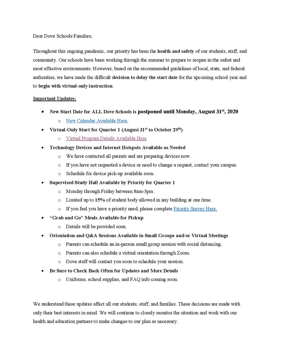 doveschoolsok's tweet photo. There are important changes to the start of our new school year! Please see the information below. 

¡Hay cambios importantes en el comienzo de nuestro nuevo año escolar! Por favor, consulte la información a continuación. https://t.co/OJunS2E6Jh