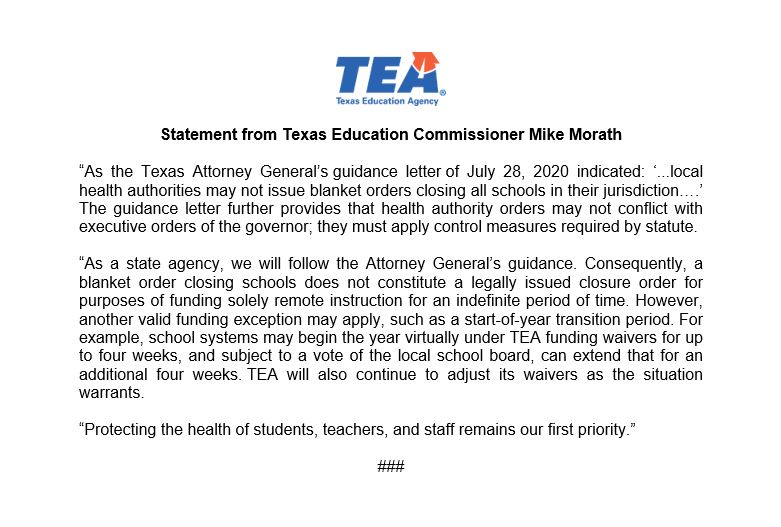 ICYMI - Earlier TEA Guidance Still Applies - School systems may begin the year virtually under TEA funding waivers for up to four weeks, and can extend that for an additional four weeks. TEA will also continue to adjust its waivers as the situation warrants. #txed