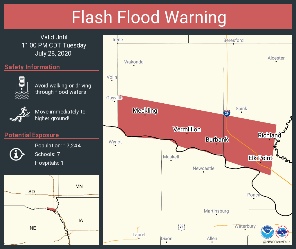 NWSSiouxFalls's tweet photo. Flash Flood Warning including Vermillion SD, Elk Point SD, Richland SD until 11:00 PM CDT https://t.co/ykRaNrCITV