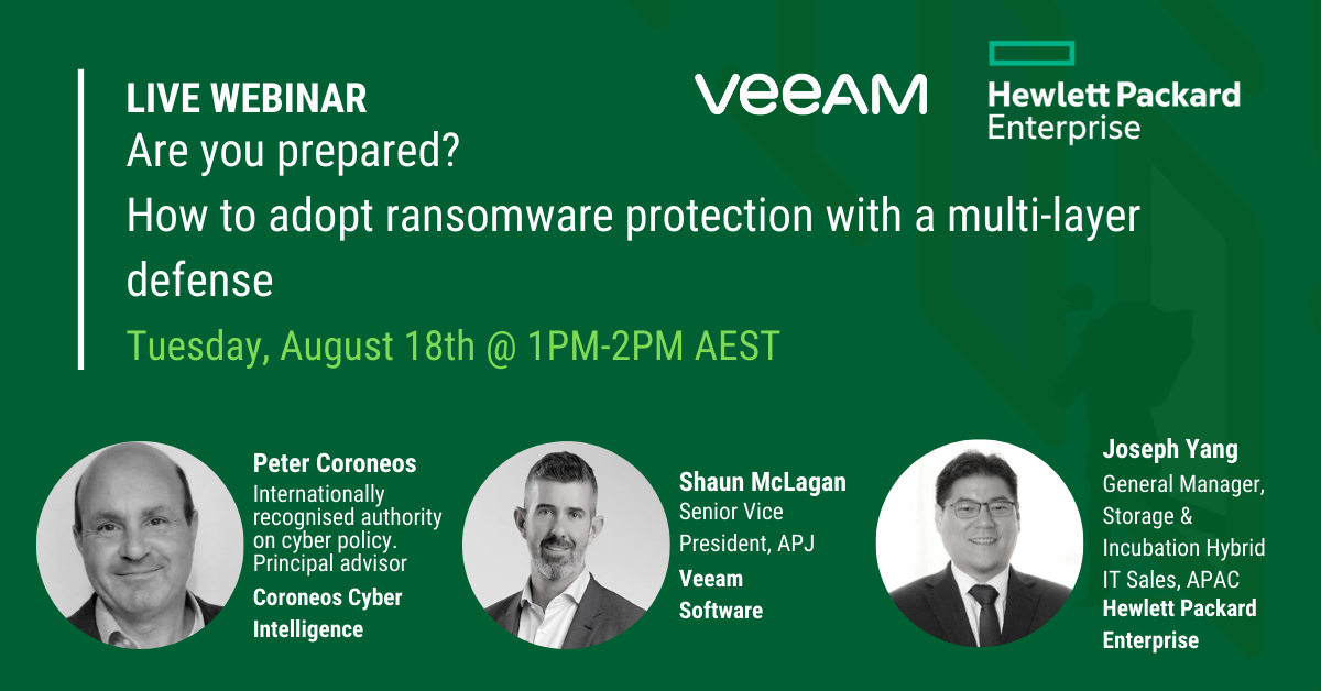 Veeam_APAC's tweet photo. Are you prepared? Learn how to adopt #ransomware protection with a multi-layer defense in our free upcoming webinar with @HPE_APAC https://t.co/Od5GGNww0u https://t.co/qubVvWiOIR