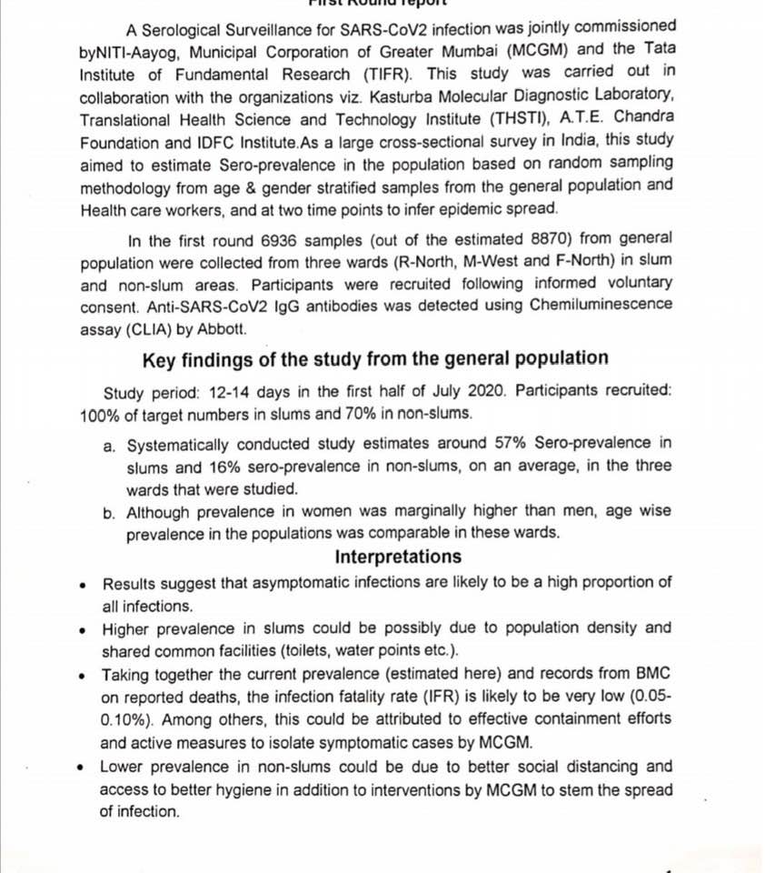 A recent sero-survey conducted in Mumbai of almost 7000 people suggests an actual infection fatality rate (IFR) for  #COVID19 might be as low as 0.05%-0.1%.  https://indianexpress.com/article/cities/mumbai/higher-share-in-slums-exposed-to-virus-than-in-societies-mumbai-sero-survey-6527865/