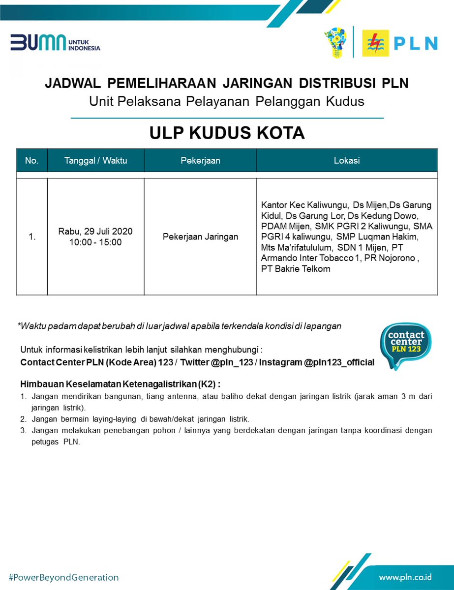 Jadwal pemeliharaan jaringan ULP Kudus Kota ya lur