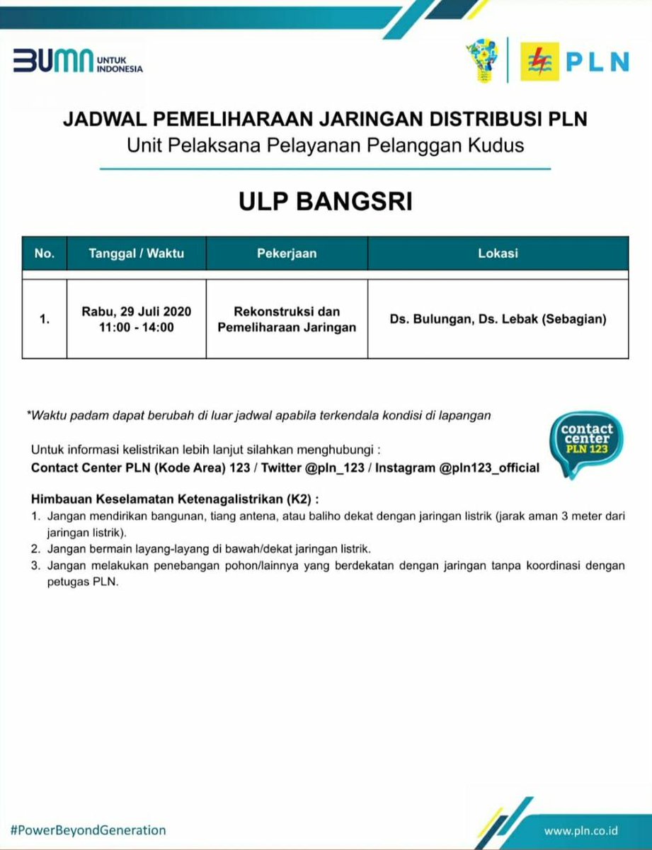 Jadwal pemeliharaan jaringan ULP Bangsri ya lur