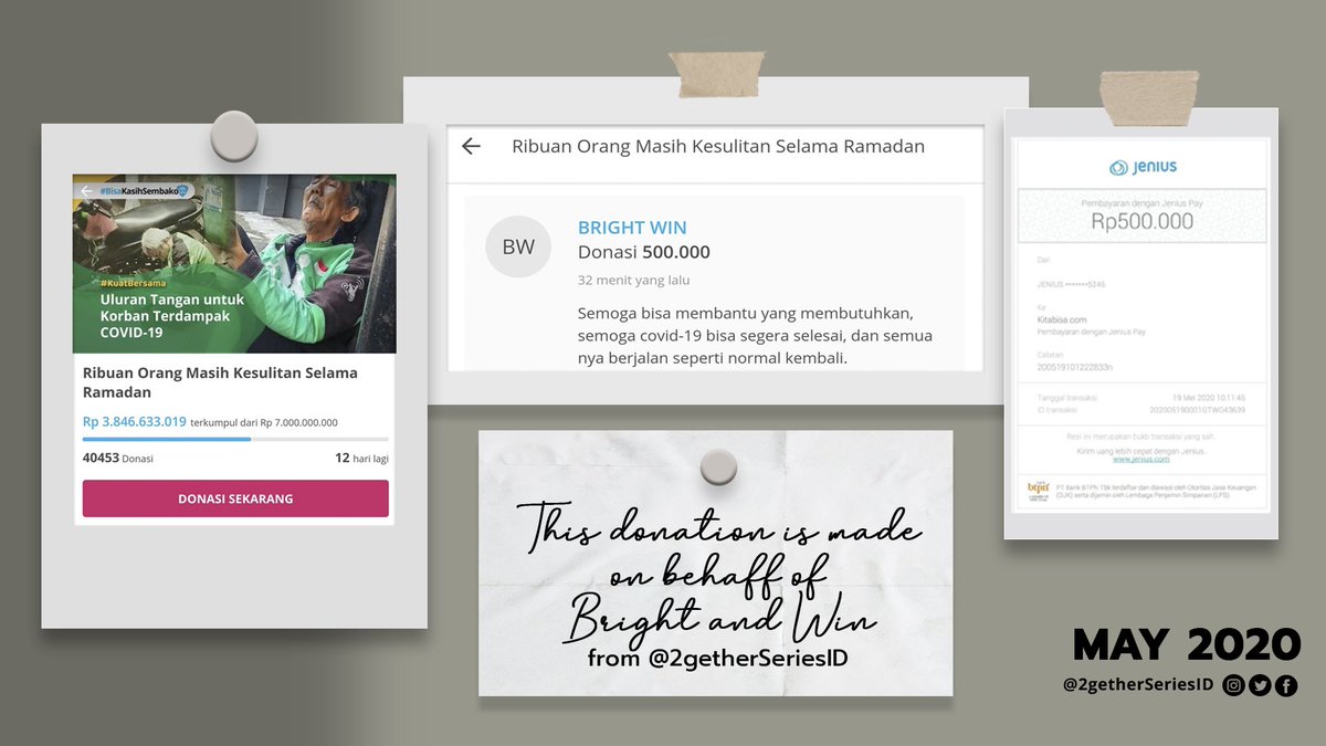 MetawinID's tweet image. Because Bright said we don&apos;t need to spend a lot of money on billboard or naming a star after him. Just do something good and beneficial for others. So I did 3 donations on behalf of BrightWin, not much, but they inspired me to do good for the society. 🤍💚

#BrightInspiresUs