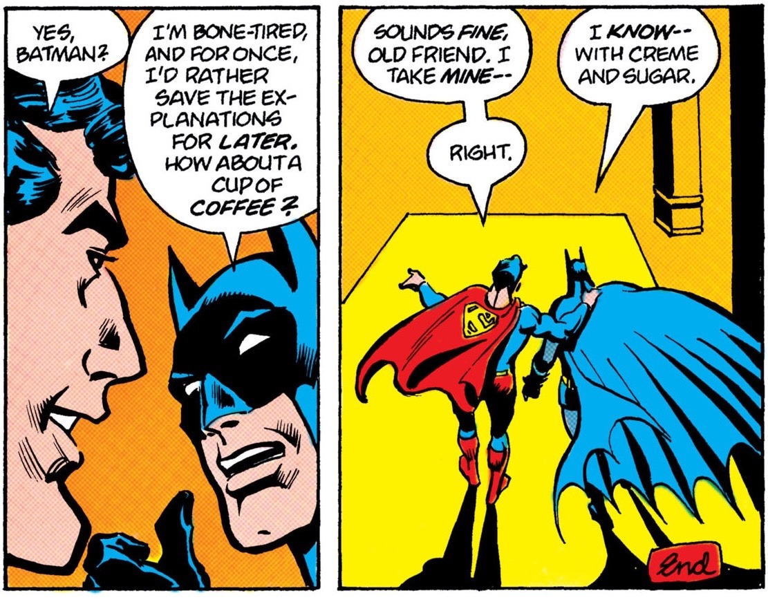 expectation: batman vs superman

reality: batman and superman being bfs and going out on coffee dates 