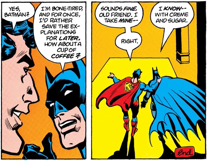 expectation: batman vs superman

reality: batman and superman being bfs and going out on coffee dates 