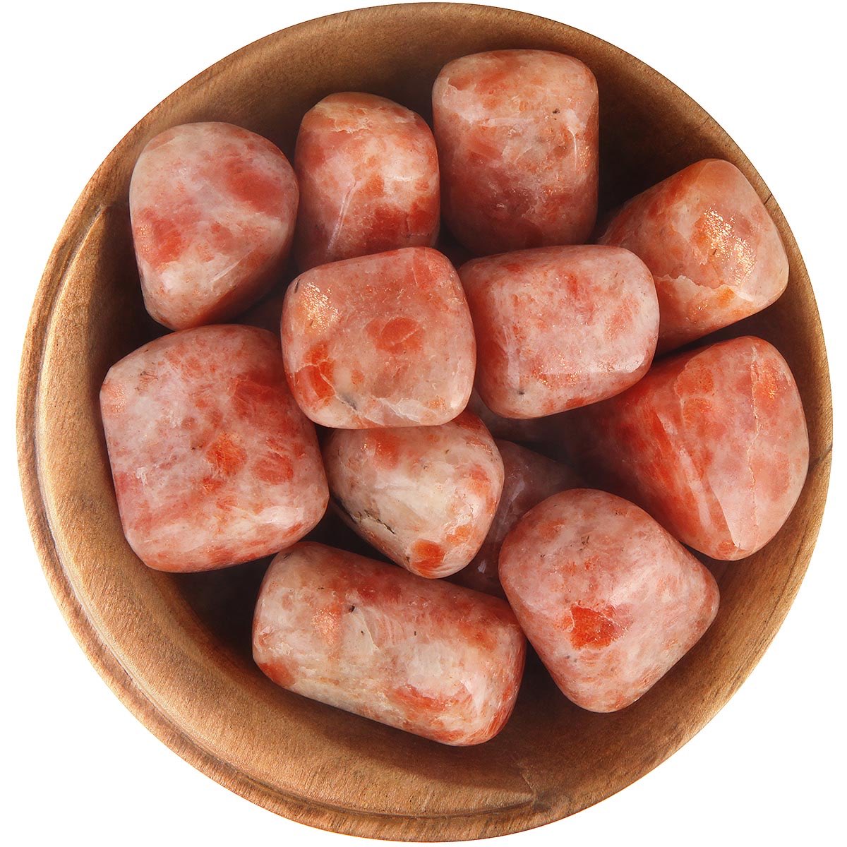 sunstone - a mix of reddish/orange and white colorations - associated with the sacral chakra - known to increase vitality, enthusiasm and positivity- said to attract abundance in the form of wealth by bringing opportunities or promotions - increases independence