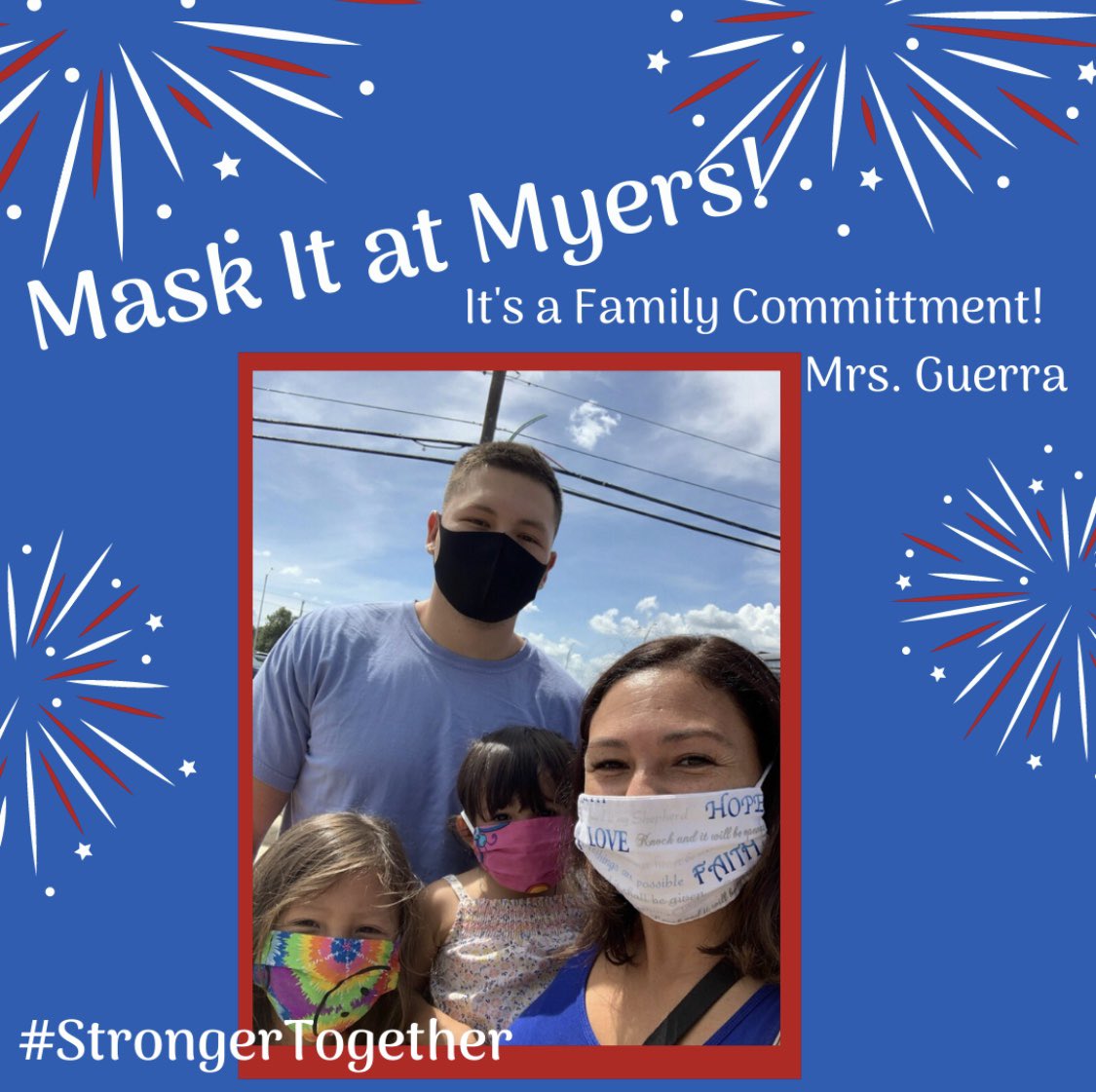 NISDMyers's tweet photo. Mask It at Myers! ❤️🦅💙  It’s  a family routine with Mrs. Guerra.  #StayingSafe #StrongerTogether https://t.co/ZGNcOytNd3