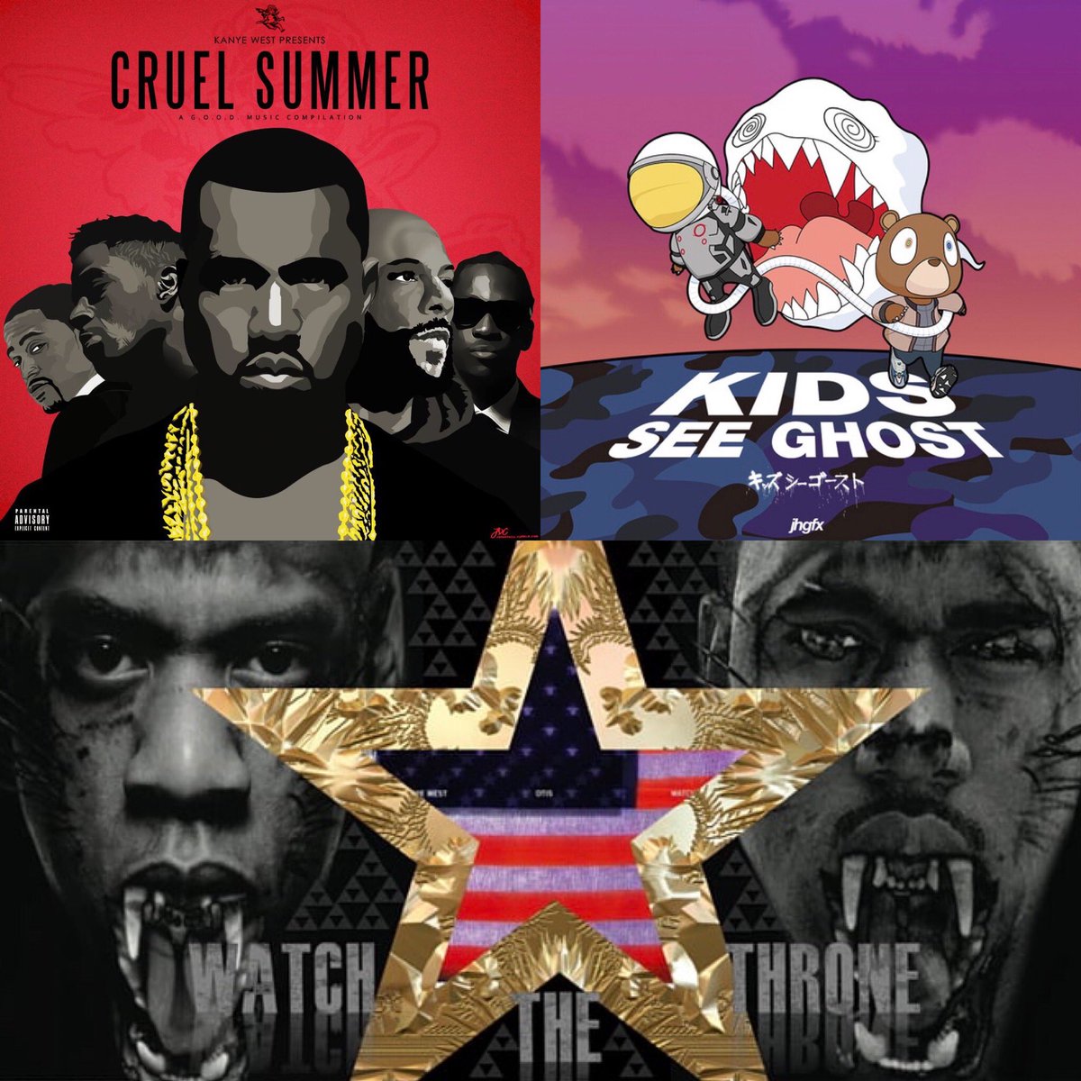Aside from Kanye West’s solo discography, his collaborative efforts have also featured very impressive production.Watch The Throne - Kanye & Jay ZCruel Summer - GOOD MusicKid See Ghosts - Kanye & Kid Cudi