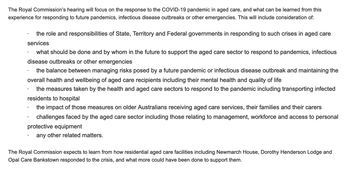 Confirmation that the Royal Commission will specifically examine the aged care sector response to Covid-19 outbreaks in hearings from August 10-13.