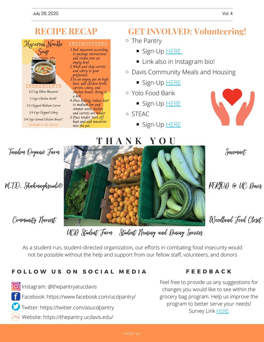 Our last newsletter of SSI is out!🙌

Highlights:
-Staff Spotlight
-UC Basic Needs Systemwide Retreat Pod Insights
-Resource of the Week: Davis Community Freedges (fridges w/ free food!)
-How Structural, Cultural, &amp; Social Factors Impact Food Waste
-Recipe Recap: Mac Noodle Soup