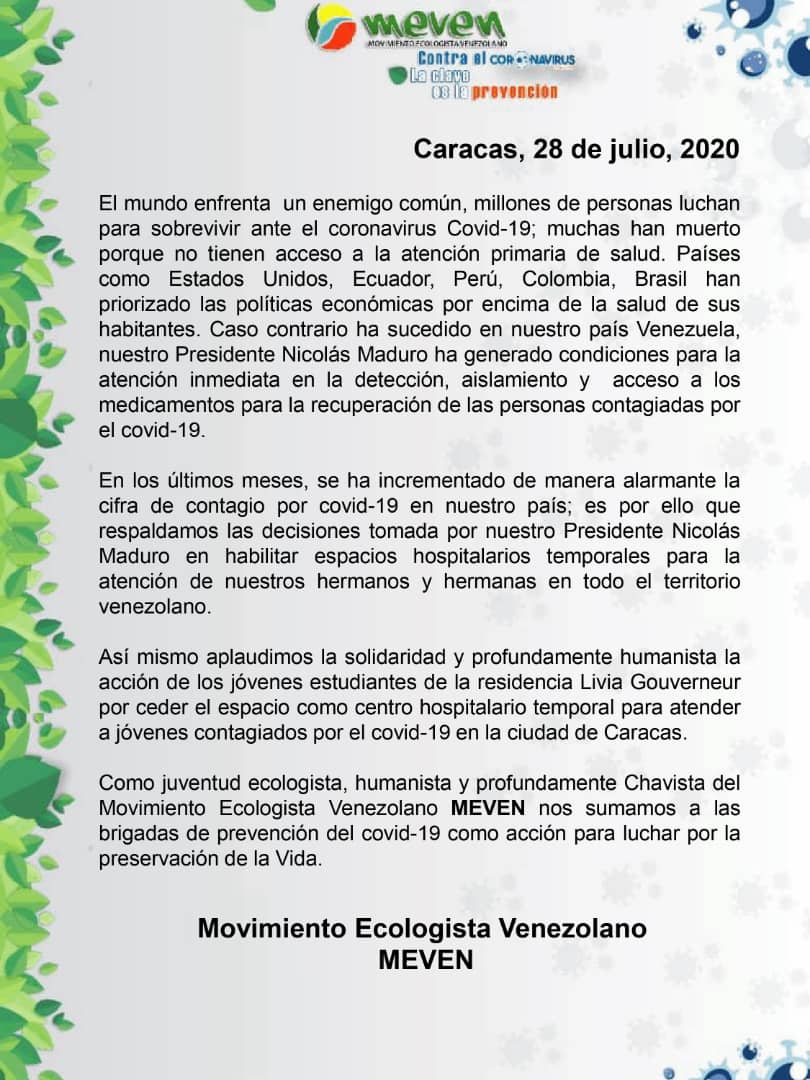 🚩 Comunicado Oficial del Movimiento Ecologista Venezolano
#JuventudSolidaria
¡Leales siempre, traidores nunca!
<a href="/NicolasMaduro/">Nicolás Maduro</a> <a href="/dcabellor/">Diosdado Cabello R</a> <a href="/PartidoPSUV/">PSUV</a>