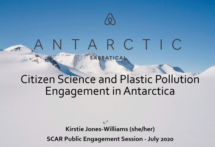 WideWhiteStage's tweet photo. Kirstie Jones-Williams talking about her "#Antarctic sabbatical" project (in collaboration with @airbnb) as a way of engaging general public with her wider #scientific program. Her #PhD investigates impacts of microplastics in the #polar regions #SCAR2020 #Session46 https://t.co/kAUk8jjjtI