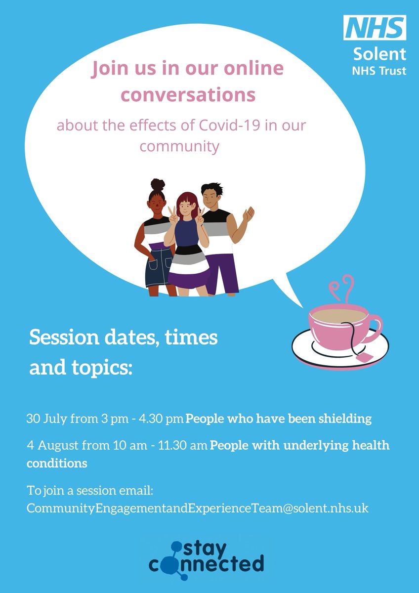 Rebecca Kinge (@kinge_rebecca) on Twitter photo Are you shielding? Or living with someone who is shielding?
This community conversation event on Thurs 30 July at 3pm with <a href="/SolentNHSTrust/">Solent NHS Trust</a> is for you to share your experiences during Covid-19 pandemic.
Get in touch: CommunityEngagementandExperienceTeam@solent.nhs.uk Are you shielding? Or living with someone who is shielding?
This community conversation event on Thurs 30 July at 3pm with <a href="/SolentNHSTrust/">Solent NHS Trust</a> is for you to share your experiences during Covid-19 pandemic.
Get in touch: CommunityEngagementandExperienceTeam@solent.nhs.uk
