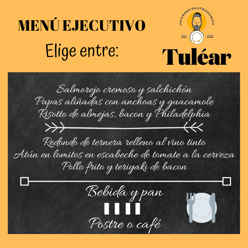 Hoy nuestro menú ejecutivo 🍽 trae sugerencias veraniegas e irresistibles 🤩
¡Come rico por solo 9,90€!👌

#Tuléar #MenúEjecutivo #UniversoGastronómico #Jaén