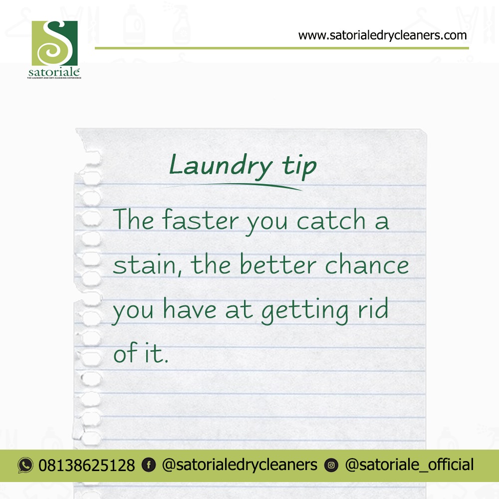 #laundrytip . Leaving a stained item until laundry day hinders the garment’s chances for a full recovery.
.
Pretreat a stain as soon as it happens.

.
-
-
-
-
#drycleaners#laundry#laundrystore #laundryinlekki #laundryinlagos #laundrytip#laundrytips #bbnaija #bigbrothernaija