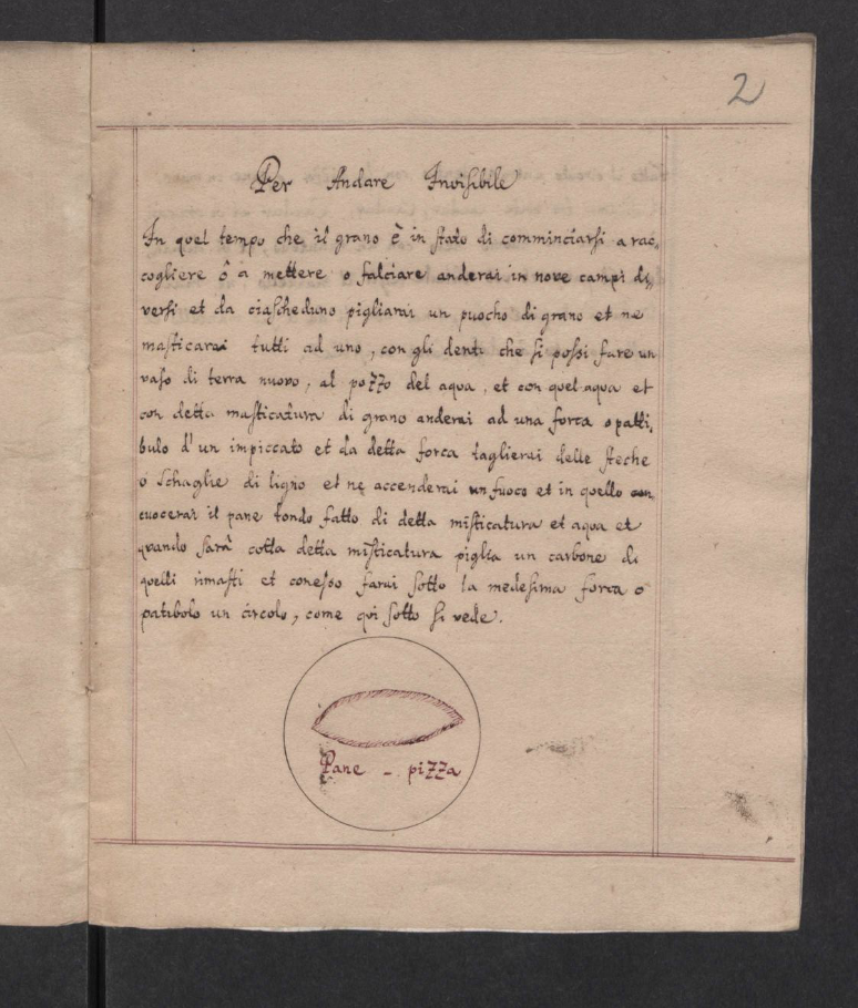 In this magical manuscript from the Leipzig collection: "IL VELO d’ INVISIBILTA o SEGRETO MIRABILE Per andar in qualsivoglia luogo invisibile" (open access here:  https://bit.ly/3fdr2P0&nbsp;) we are offered an invisibility coat. And therefore we need a  #pizza.4/