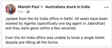mendirattaravi's tweet photo. @charvig20166675 @AusHCIndia @airindiain @AusHCIndia @HardeepSPuri
 its a joke-playing with desperate Aussie's lives&amp;emotions under significant financial and mental distress. AHC must have known about AI flights but didn't bother to advise us. Paid $2950(1200 more than AI); Now not even a singleAI ticket could be booked https://t.co/UrzrrURJSC