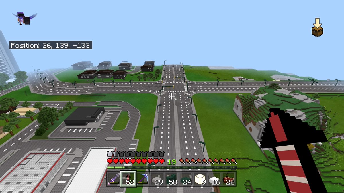jonah13jaay's tweet photo. There is the finished project... Cloverleaf out, Intersection in. Tomorrow I will demolish the Tim Hortons & move it closer to the road. Also I'll add a few houses to fill in the gaps between the houses. #Minecraft #CityBuilds #Bryzgalova https://t.co/bNS7avgJHb