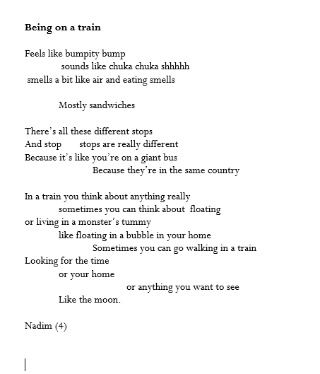 KateClanchy1's tweet photo. Nadim the 4 year old poet has been on NPR in the US. In celebration, a personal favourite of mine from his oeuvre, and a poem no adult could have written: The Bumpity Bumpity Train. https://t.co/8pCLeSZKEs