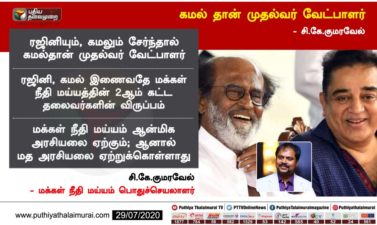 PttvNewsX's tweet photo. ரஜினியும், கமலும் சேர்ந்தால் கமல்தான் முதல்வர் வேட்பாளர் 

- சி.கே.குமரவேல், மக்கள் நீதி மய்யம் பொதுச்செயலாளர் 

#Rajinikanth | #KamalHaasan https://t.co/qfrN0tSDea