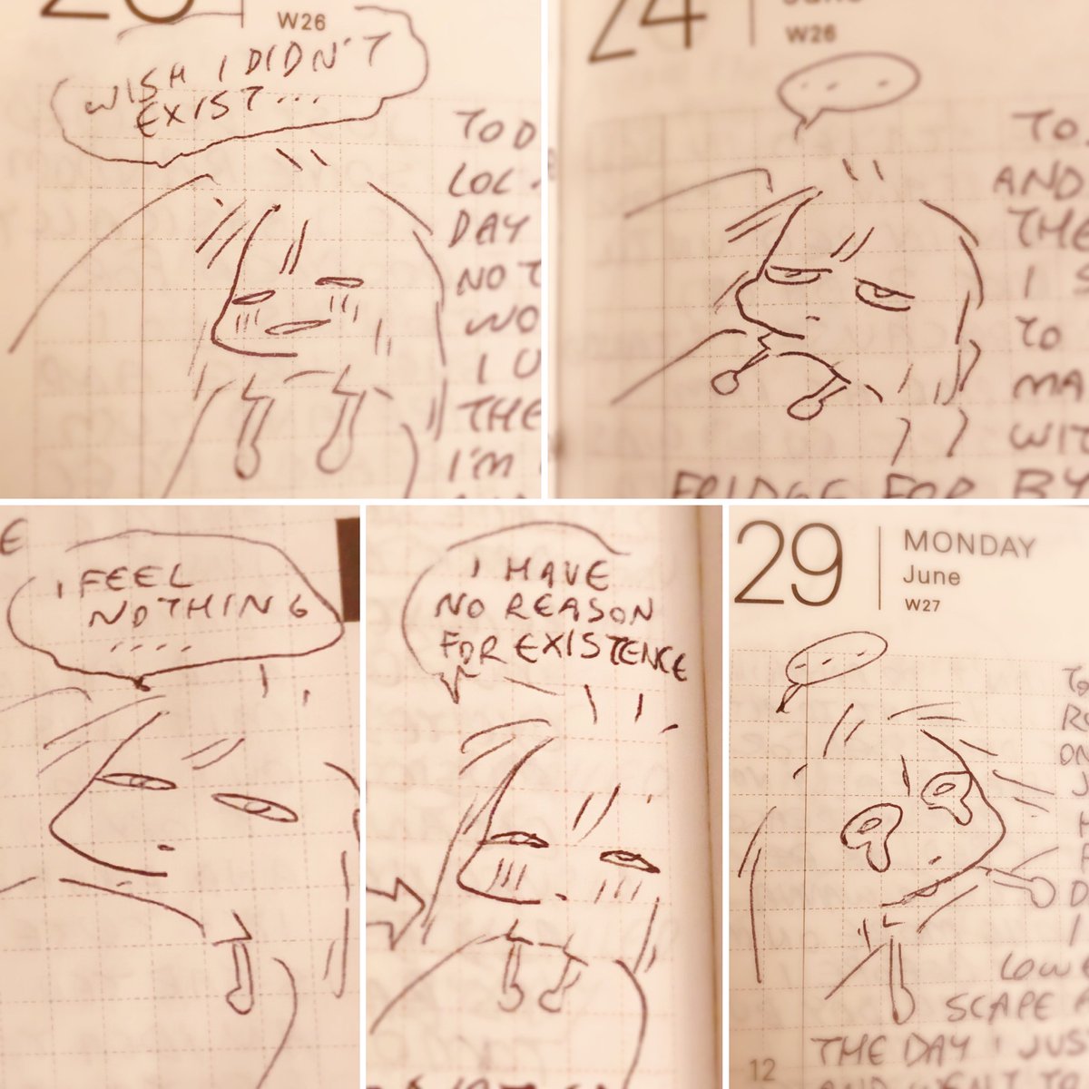 my drawings in my journal from a month ago lol. I was rly depressed for multiple months (i'm always at least a little depressed tho ?) but lately i have a little bit more energy and feel a bit more ~~normal~~ ❤️ 
it always gets better okkkk 