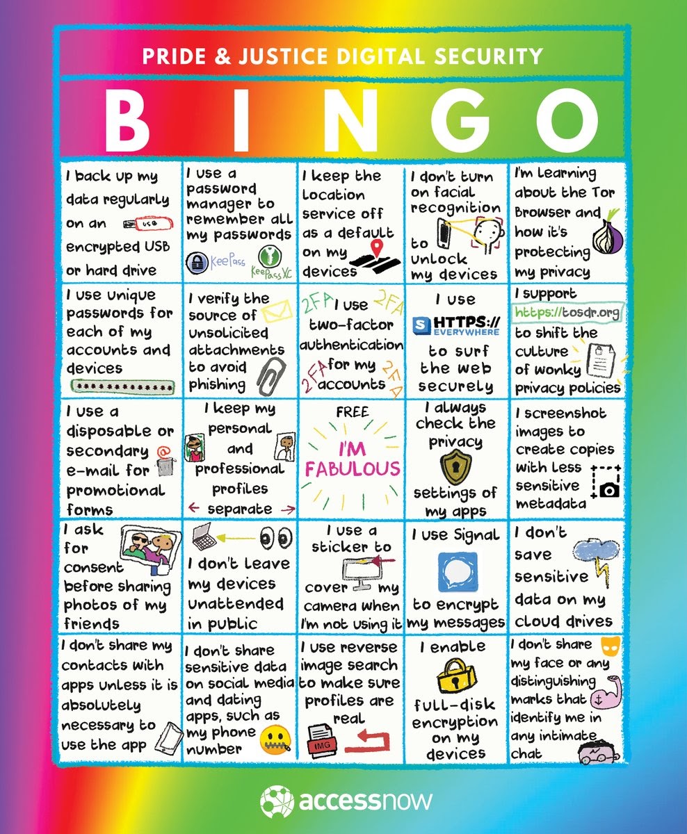 accessnow's tweet photo. Digital security can seem intimidating, but even simple steps can help keep you safer online! If you’re part of the #LGBTQ community, you face unique challenges. Our #DigitalSecurityBingo helps you with that. Check it out! cc #RightsCon https://t.co/CjZJ31BpTu https://t.co/XdfxW4SWau