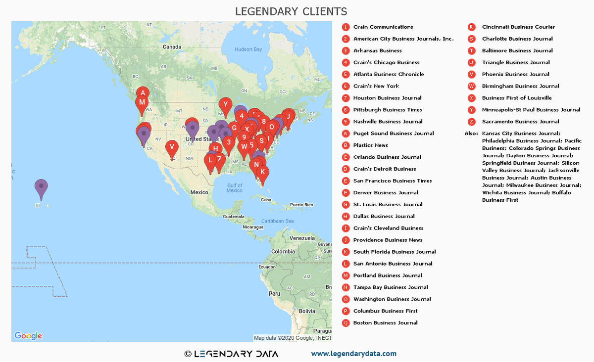 LegendaryData's tweet photo. Current map of clients -- https://t.co/DH8F9Qv9Bg  New to Legendary in the last 12 months: @crains @arkbusiness @provbusnews @sbjnet @crbj @GSABusiness @crbr https://t.co/4vNonq1Whc