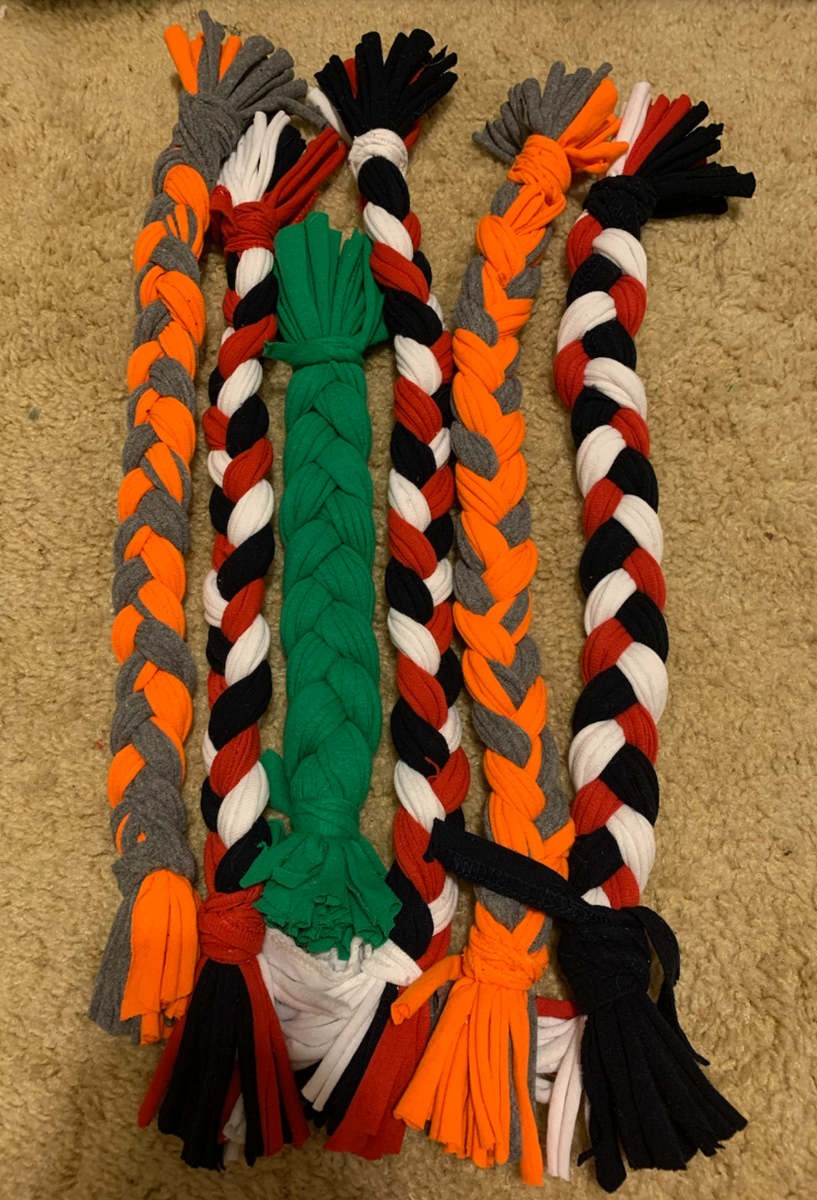RoadRulesCamp's tweet photo. Some of the dog toys that got made yesterday. These ones are from Sara and Jessica! https://t.co/aIUvByKQdI