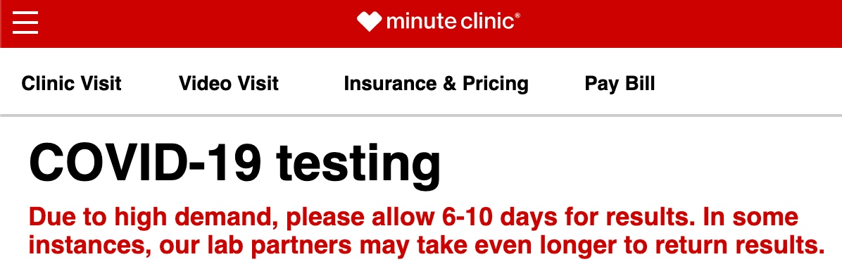 "Please allow 6-10 days [or 'even longer]for results" This is not only useless testing but worse, absolutely misleading testing  @cvspharmacy 6-10 day turnaround time will not help prevent spread to others or get medical care when needed. Worse.... 1/n