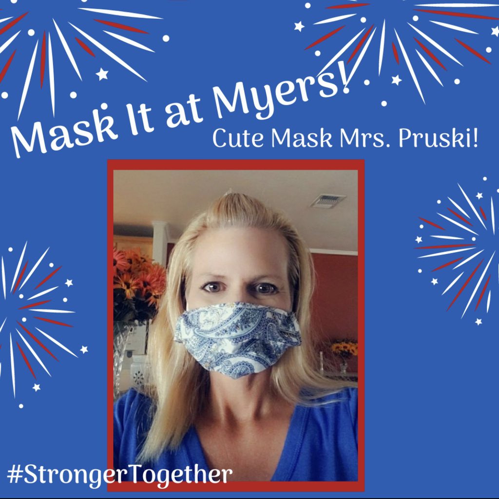 NISDMyers's tweet photo. Mask it at Myers! ❤️🦅💙 Mrs. Pruski is sporting her new mask!  #StayingSafe #StrongerTogether https://t.co/fKWqMuTxZ5