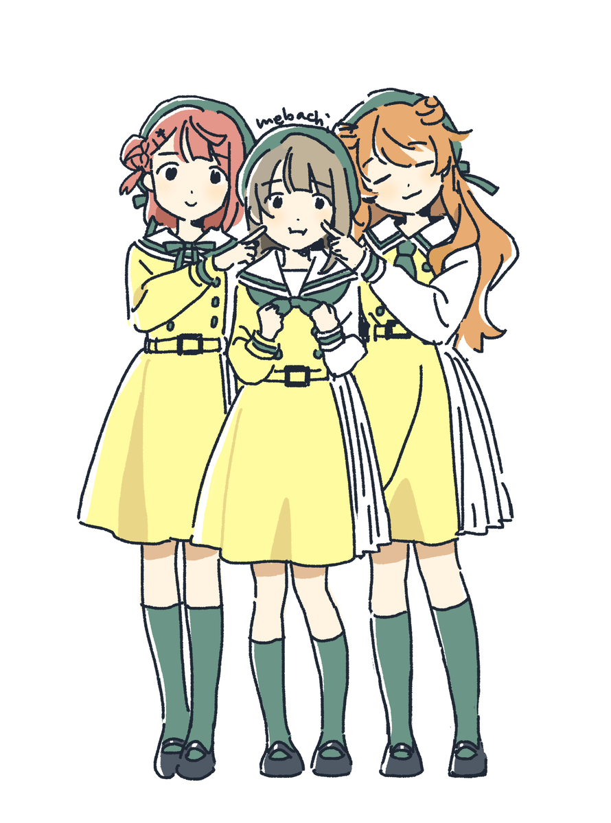 nakasu kasumi ,uehara ayumu multiple girls 3girls hair bun orange hair cheek poking dress socks  illustration images