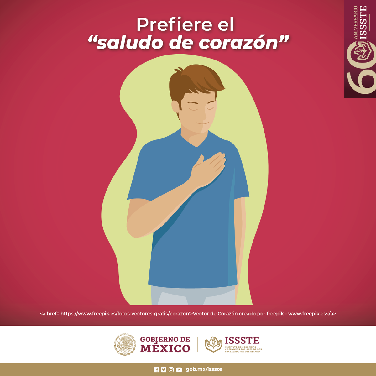 ¡Hey!, recuerda que hay que evitar saludar de mano🖐️, beso 😚 o abrazo 🤗, mejor hazlo con el "saludo de corazón" ❤️, así: 

#60AniversarioISSSTE #PorTuBienestar