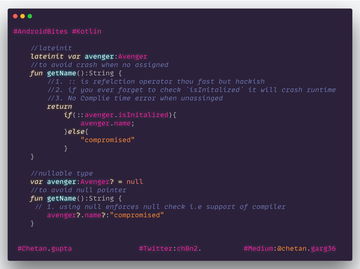 Ch8n2's tweet photo. Hi #androiddev,
I agree Nullability is the one of the issue in any codebase, I #kotlin you might be tempted to use lateinit modifier over nullable type. but does it solves the problem?
Check out the link for detail discussion
https://t.co/yRr8eOlWRD
#AndroidBites #android #java https://t.co/rdkuGtjPFY