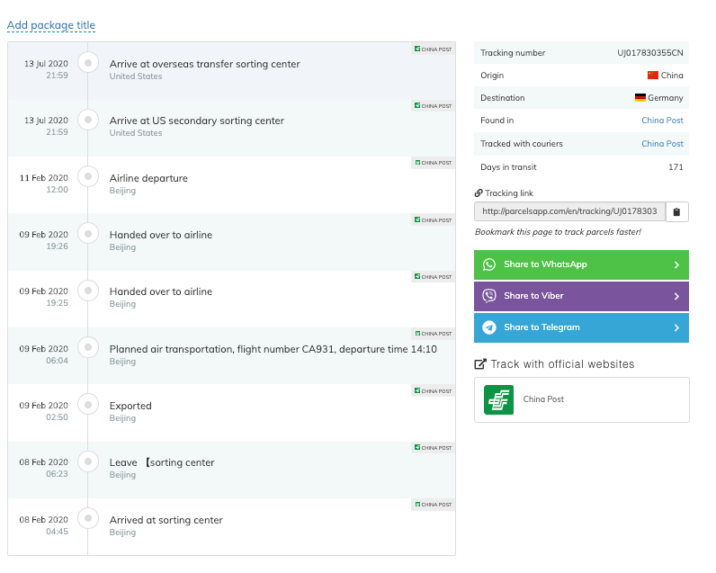 Found the tracking details of two other packages. One was supposed to end up in Germany and the other one was sent to the UK. The one meant to be sent to Germany originated somewhere near Beijing and the one sent to the UK originated somewhere near Suzhou, Jiangsu. Bizarre.