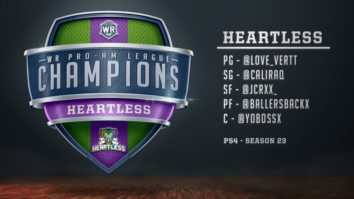 WR Pro-Am League (@wrproamleague) on Twitter photo Congratulations to <a href="/Heartless2K_/">Heartless 💔</a> on winning the PS4 Season 23 Finals‼️They win the last 2 games to take the BO7 series 4-3 against <a href="/WhatIsComp/">What Is Comp</a> and are crowned champions!🔥🏆
🥇Championship Lineup🥇
PG: <a href="/Love_Vertt/">乔恩🥷🗡💕</a>
SG: @CALlRAQ
SF: @jcrxx_
PF: <a href="/BallersBackx/">Nel</a>
C: <a href="/YoBossx/">Boss💫</a> Congratulations to <a href="/Heartless2K_/">Heartless 💔</a> on winning the PS4 Season 23 Finals‼️They win the last 2 games to take the BO7 series 4-3 against <a href="/WhatIsComp/">What Is Comp</a> and are crowned champions!🔥🏆
🥇Championship Lineup🥇
PG: <a href="/Love_Vertt/">乔恩🥷🗡💕</a>
SG: @CALlRAQ
SF: @jcrxx_
PF: <a href="/BallersBackx/">Nel</a>
C: <a href="/YoBossx/">Boss💫</a>