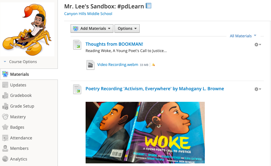 mrleebooks's tweet photo. For today's fun training from @kbalbier @LauraJnSalazar I made my @Schoology sandbox for the first time. I have some experience using Schoology but this is the first time I've been asked to make a sandbox! Had my @mobrowne & @tedikuma #Woke book to accompany me #IAMEPISD #pdLearn https://t.co/W1h8zIaNpD