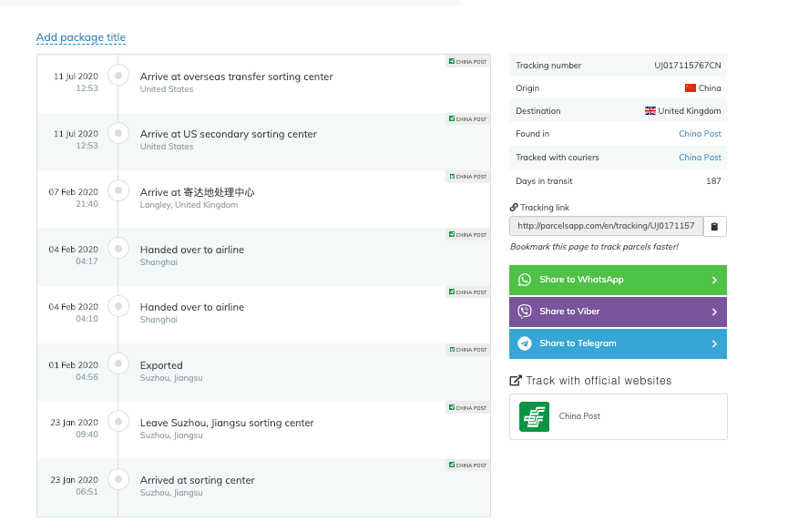 Found the tracking details of two other packages. One was supposed to end up in Germany and the other one was sent to the UK. The one meant to be sent to Germany originated somewhere near Beijing and the one sent to the UK originated somewhere near Suzhou, Jiangsu. Bizarre.