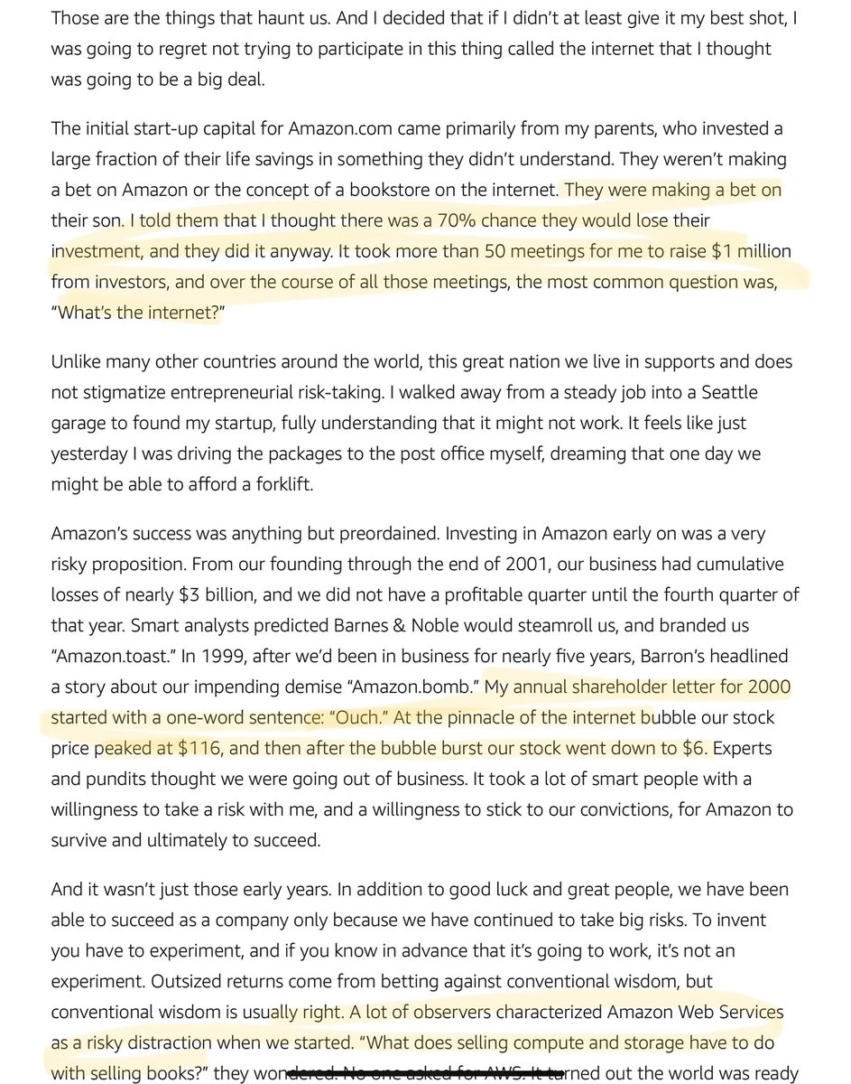 3/ The humble origins of Amazon––getting money from his friends + family––and explaining to VCs “what the internet” was...The honesty from Day One; his 2000 shareholder letter––starts: “Ouch”. (That kind of TRUTH gave him permission to fail + be honest—versus misleading + lying