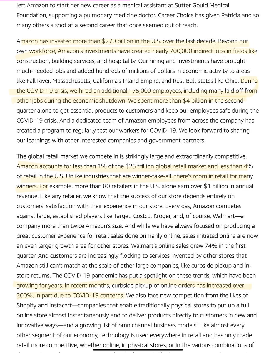 6/ Amazon has invested–––like a BAZILLION in this country ($270B over last 10yrs) Way more than nearly anyone. Created 175,000 new jobs + 700k indirect jobsAnd it still a relatively small 1% of $25T global retail (which is insanely large market share btw) and 4% of US retail–