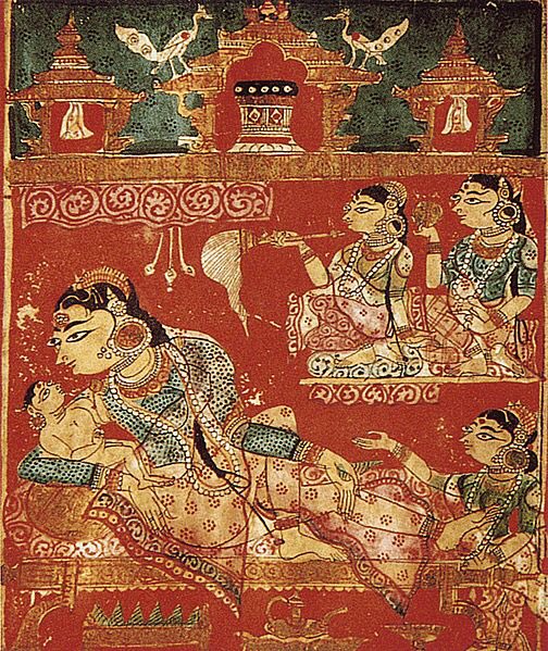 #Jain Painting. From #Kalpasutra manuscript, 1375-1400; The birth of Mahāvīr to Queen Trishala in 599 BCE in Kundagram (present-day Vaishali district, Bihar, India) -Vardhaman, Vīr, Ativīr, Sanmati, Nāyāputta, Kasyapa (other names)