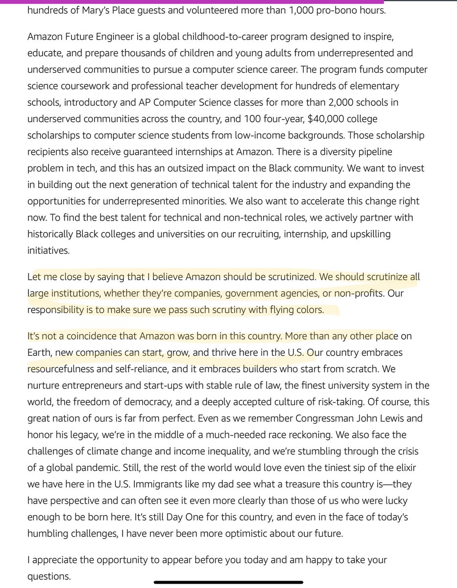 10/ He ends with Buffett-like masterstroke“I believe Amazon should be scrutizined...our responsibility is to make sure we pass such scrutiny with flying colors”And an appeal to patriotism“It’s not a coincidence Amazon was born in this country...”