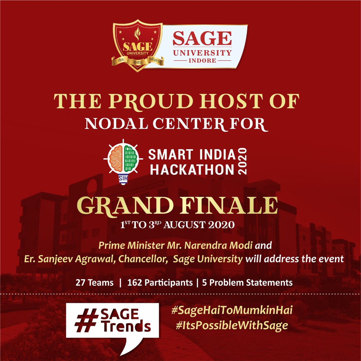 SAGE University Indore (@sage_indore) on Twitter photo We are glad to inform you that SAGE University is the Proud Host of Smart India Hackathon 2020 through virtual mode.#SmartIndiaHackathon2020 #SageTrend #Innovation
<a href="/abhayjere/">Dr. Abhay Jere</a> <a href="/mohitgambhir/">Dr. Mohit Gambhir</a>
<a href="/pratapsanap/">Pratap Sanap</a>
@hrdministry
@mhrdinnovationcell
@cdkglobal
<a href="/bajajfinserv/">karan sharma</a>
@tatamotorsgroups We are glad to inform you that SAGE University is the Proud Host of Smart India Hackathon 2020 through virtual mode.#SmartIndiaHackathon2020 #SageTrend #Innovation
<a href="/abhayjere/">Dr. Abhay Jere</a> <a href="/mohitgambhir/">Dr. Mohit Gambhir</a>
<a href="/pratapsanap/">Pratap Sanap</a>
@hrdministry
@mhrdinnovationcell
@cdkglobal
<a href="/bajajfinserv/">karan sharma</a>
@tatamotorsgroups