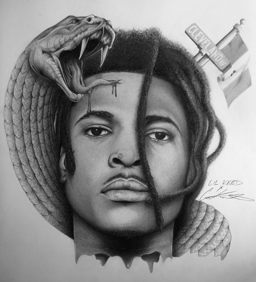 artbyknuckles's tweet photo. Graphite drawing of @1lilKeed . Turn it upside down to reveal the crown 👑 (Peep the neck) #princeslime 

11” x 13”, Graphite Pencils

Trapped on Cleveland 3 Soon‼️

@YoungStonerLife  #lilkeed #trappedoncleveland #LLM #YSL #HiphopMusic #rap #art #drawing  

-K N U C K L E S https://t.co/qnchsH52kr