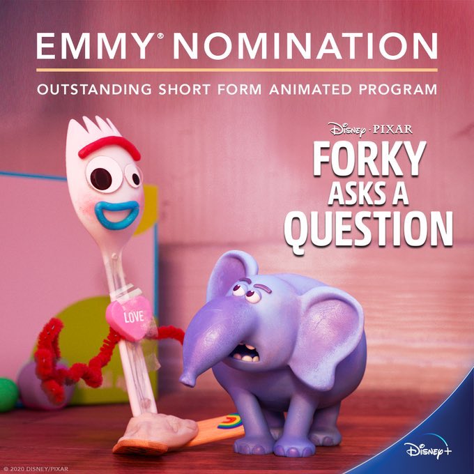The Disney+ collection of shorts, Forky Asks a Question,  was nominated for an “Outstanding Short Form Animated Program” Emmy. I wrote and directed the series starring Forky, who debuted in Toy Story 4. Congratulations to my team!! This is the first Emmy nomination for Pixar.